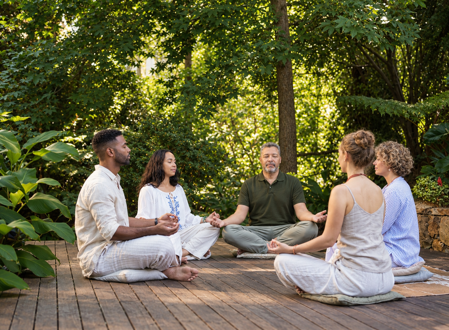 A small group sitting cross-legged in a peaceful outdoor meditation circle surrounded by greenery